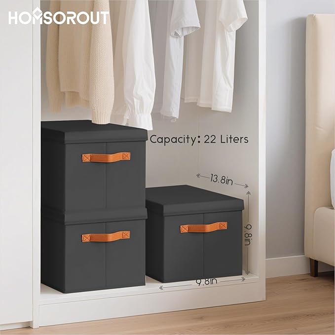 Storage Bins with Lids, Fabric Storage Baskets for Shelves, Black
