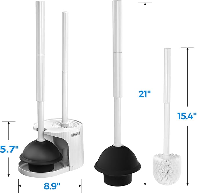 FORASTO 2Pack 2 in 1 Toilet Brush and Plunger Set, Extended Handle Plunger,Toilet Bowl Brush Plunger Set,Bathroom Cleaning Tools ,Toilet Brush Plunger Combo,Cleaning Brush,Cleaning Supplies(White)