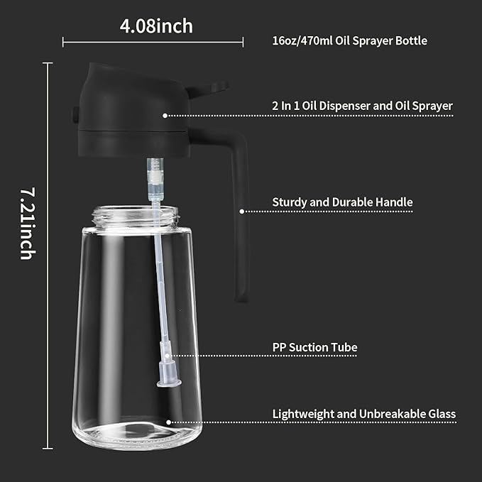 Oil Sprayer for Cooking – 16oz Glass Bottle with Fine Mist Nozzle – Ideal for Olive Oil, Air Fryers, Salads, Grilling, and Baking (Black)