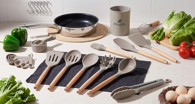 Silicone Kitchen Cooking Utensils Set, 33pcs – 446°F Heat Resistant, Non-stick, BPA-Free, Wooden Handles, Spatula, Turner, Tongs, Spoon, Brush, Whisk – Essential Cooking Gadgets (Khaki)