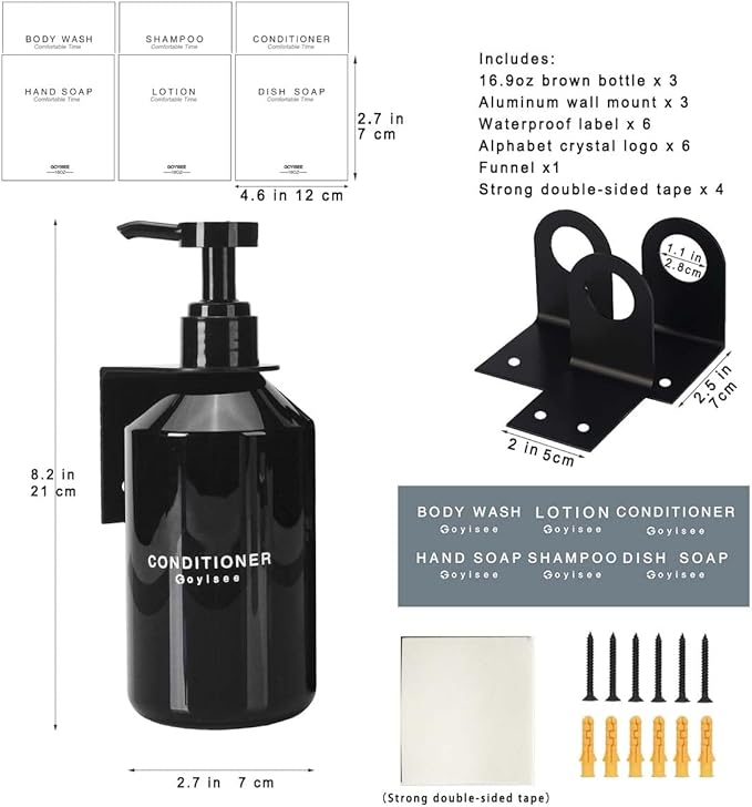 3-Chamber Shampoo & Conditioner Dispenser - Wall-Mounted Soap Dispenser Plastic Bottles with 4CC Pumps, No Drill Installation, Refillable for Bathroom, RV, Commercial Use Black