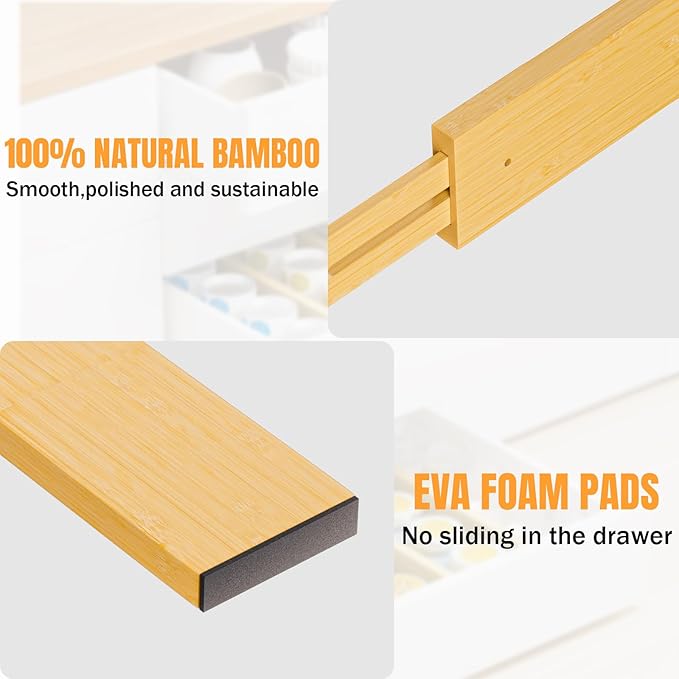 Bamboo Drawer Dividers, Adjustable Kitchen Drawer Organizer for Clothes, 6-Pack