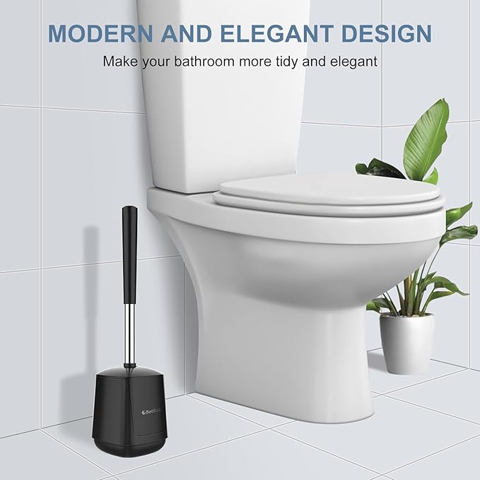 SetSail Toilet Brush and Holder, Self Closing Lid Toilet Bowl Brushes Holder and Extra Long Handle Ventilated Toilet Brush Set for Bathroom Cleaning, Nylon Bristles, Black