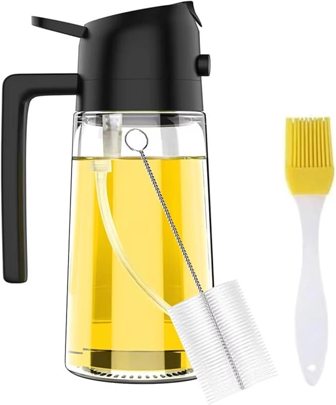 2 in 1 Oil Sprayer & Dispenser for Cooking | 16oz/470ml Glass Olive Oil Sprayer with Brush | Oil Spray Bottle with Pourer, Food-grade Oil Mister for Air Fryer, Salad, Frying, BBQ (Black)
