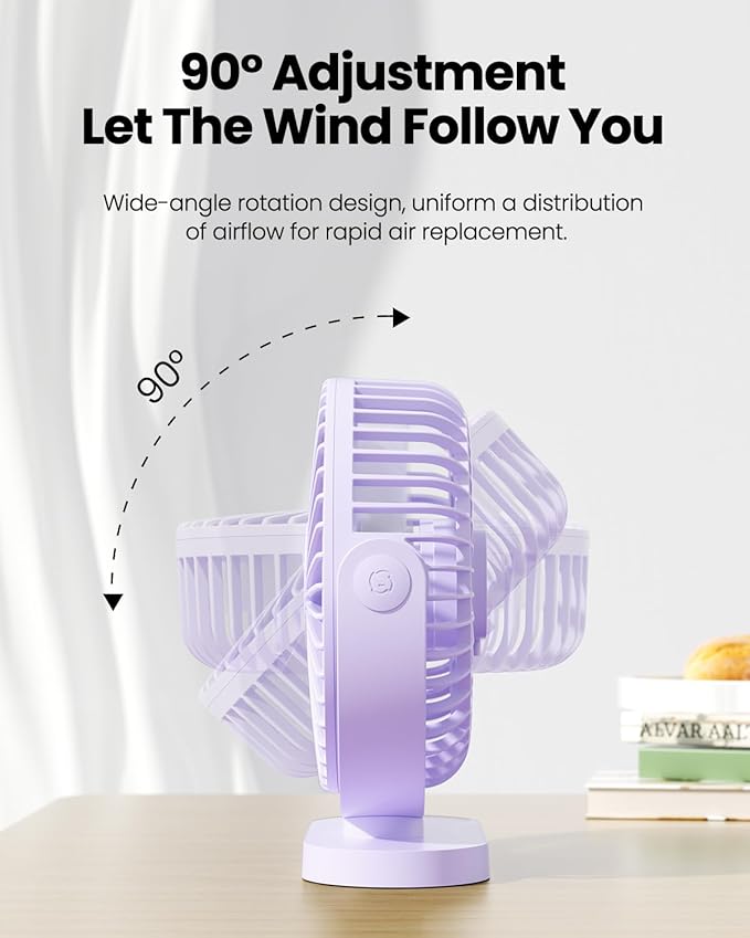 Gaiatop USB Desk Fan, 5.5 Inch Small Quiet Powerful 3 Speeds 90° Rotate, Personal Mini Portable Desktop Table Fans, Cooling for Home Office Car Travel Indoor Outdoor Purple
