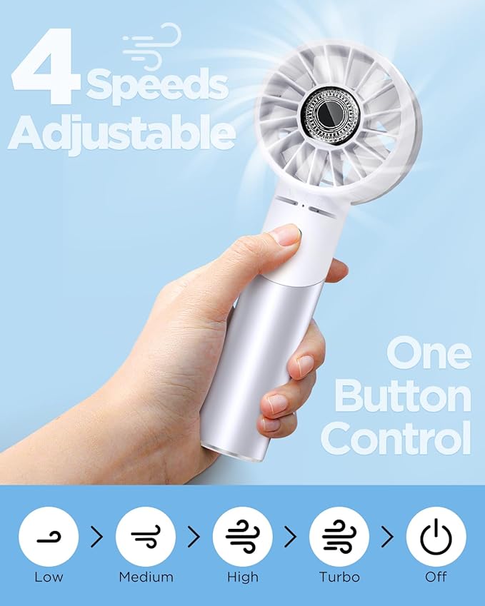 Lepwings Handheld Fan, Mini Small Portable Turbo Fan, Rechargeable with 4 High Speeds Personal Fans, Max 16H Runtime, For Travel, Office, Outdoor - Silver