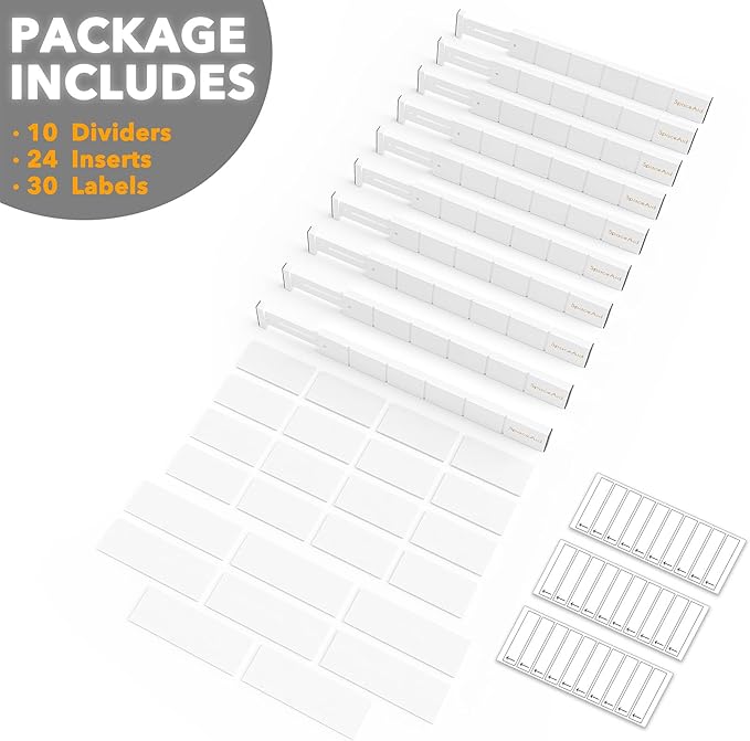 SpaceAid Bamboo Drawer Dividers with Inserts and Labels, Kitchen Adjustable Drawer Organizers, Expandable Organization for Home, Office, Dressers, 10 Dividers with 24 Inserts (17"-22" White)