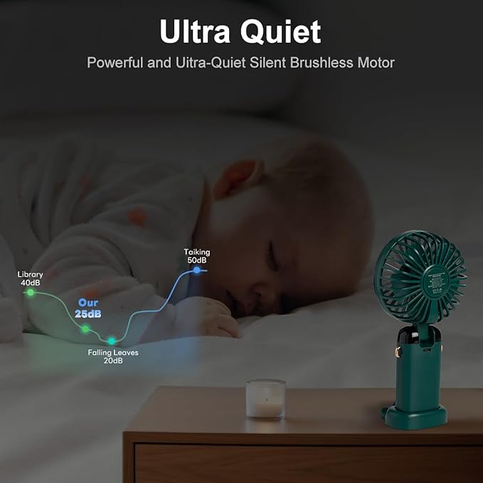 Portable Handheld Fan, 12 hours, Upgrade 3200mAh Mini Fan Handheld with LED Display, 90° Foldable, 5 Speed Wind,Hand Held/Neck/Desk 3 in 1 Hand Held Fans, Makeup Fans for Women (Green)