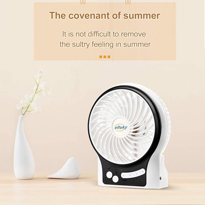 efluky 3-Speed Mini Desk Fan with LED Light, Portable USB Fan Quiet for Home, Office, Travel, Camping, Outdoor, Indoor, 4.9-Inch, White