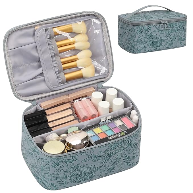 OCHEAL Makeup Bag,Travel Makeup Organizer Bag, Large Capacity Cosmetic Bags for Women Large Travel Toiletry Bag for Girls Traveling With Brush Slot And Divider-Blue Floral