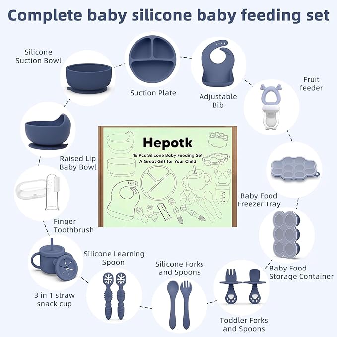 16 Pack Silicone Baby Feeding Set, BPA-Free Baby LED Weaning Supplies, Include Suction Plates, Baby Bowls, Silicone Fork & Spoon, and More, First Stage Baby Food Eating Utensils - 6+ Months(Blue, 16)