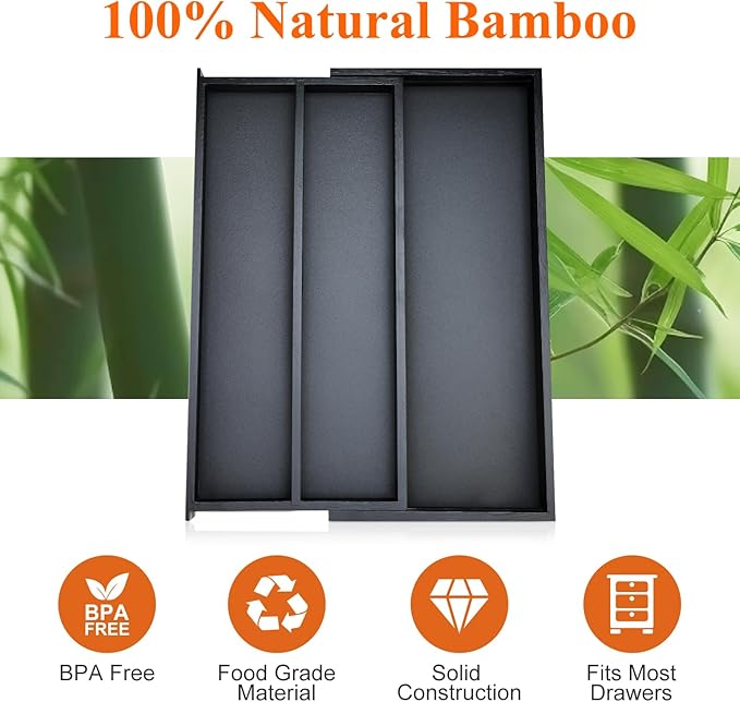 Bamboo Kitchen Tool Drawer Organizer Storage Black Cutlery Tray Expandable Silverware Drawer Divider Organizers Large Cooking Utensil Holder for Drawers Spoon Flatware Organizer Silverware Trays