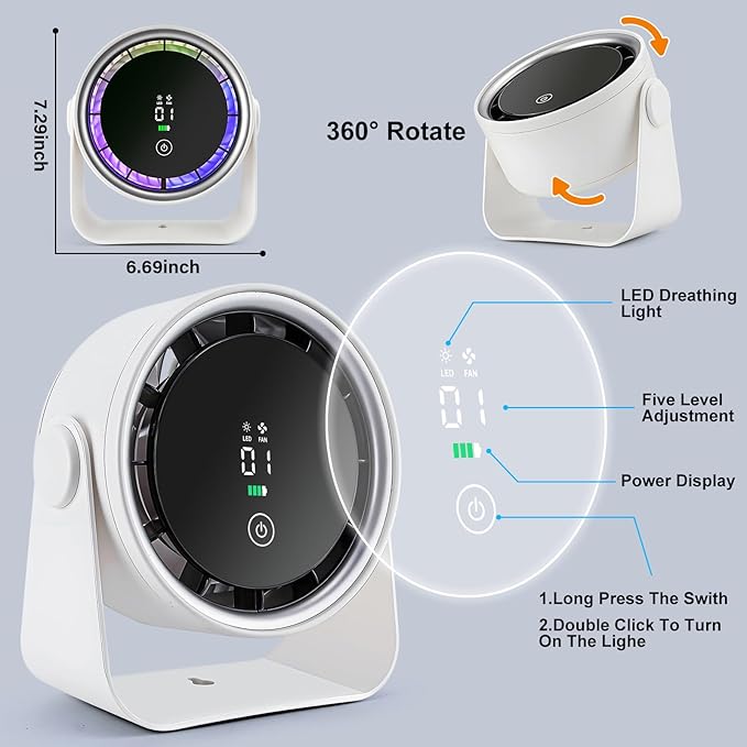 Small Desk Fan Battery Powered - White Low Noise Quiet Smart Portable Gentle Blowing without Headaches for Office Bedroom Living Room Table Top Wall Hanging Kitchen Travel Camping 5-Speed 360 Rotation