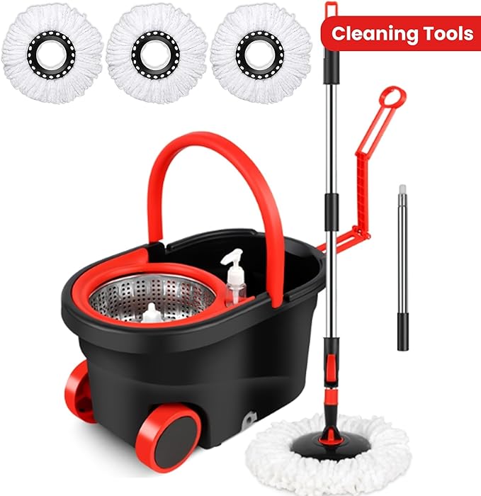 360° Spin Mop and Bucket System with Wringer - 61" Stainless Steel Handle & 3 Microfiber Refills, Self-Cleaning Floor Mop for Tile, Hardwood, Laminate Floors