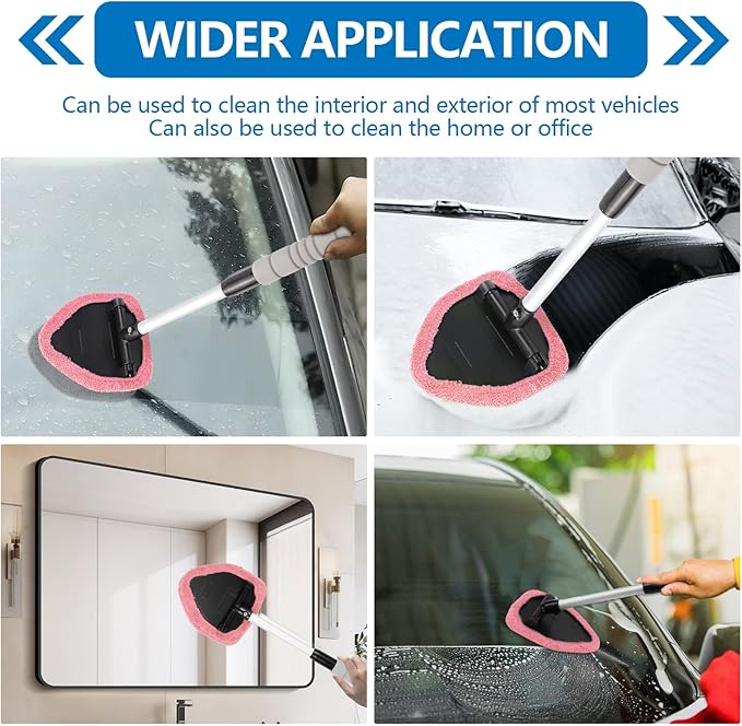 wuyaoyao Car Windshield Cleaning Tool, Car Windshield Window Cleaner, Auto Window Glass Cleaning Kit with Extendable Handle & Reusable Microfiber Pad & Spray Bottle, Universal Car Accessories (Pink)
