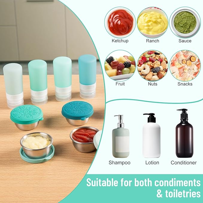 MICEBAY 8-Pack Salad Dressing Container To Go, 2-oz Silicone Small Condiment Squeeze Bottles and 1.6 oz Stainless Steel Sauce Containers Cups