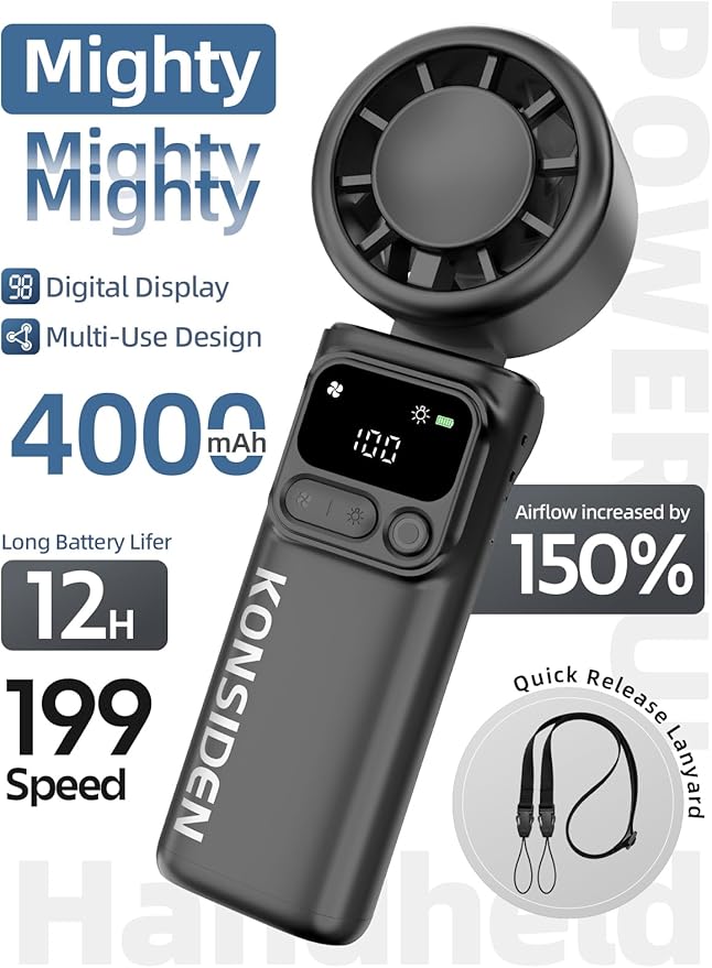Portable Handheld Turbo Fan, 199 Stepless Speeds, 4000mAh USB Rechargeable, 12H Runtime, 2H Fast Charging, Smart Display, Emergency Flashlight, Personal Cooling Fan for Travel, Gym, Camping, Outdoors