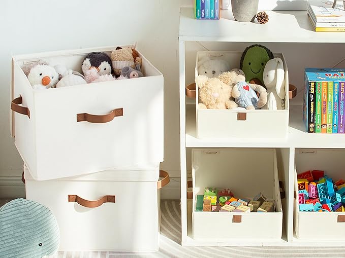 StorageWorks Fabric Storage Bins with Lid, Decorative Storage Boxes for Shelves, Stackable Closet Organizer Basket with Handles, Large, Ivory White