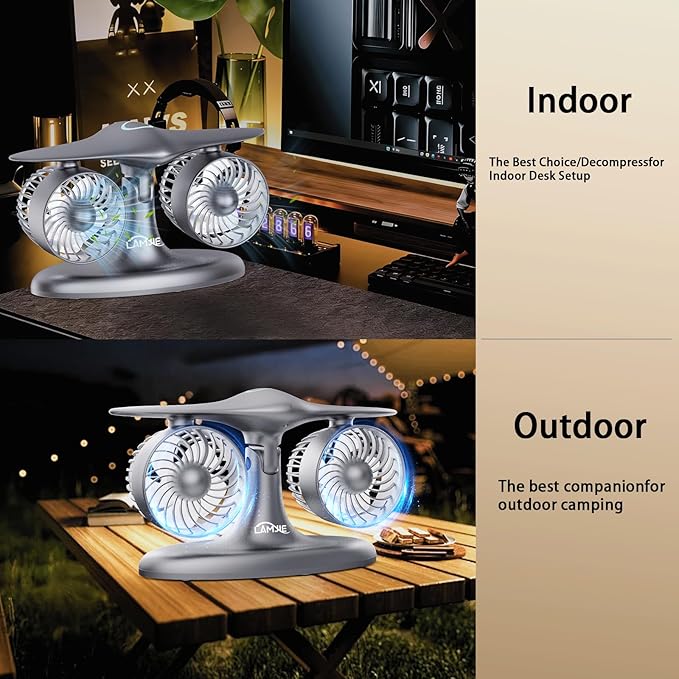 Portable Desk Fan, 8000mAh Battery Powered Small Quiet Table Fan for Bedroom Office, Aviation Style Turbine Personal Fan with LED Light, Retro Cordless Cooling Fan for Home, Travel & Sleeping