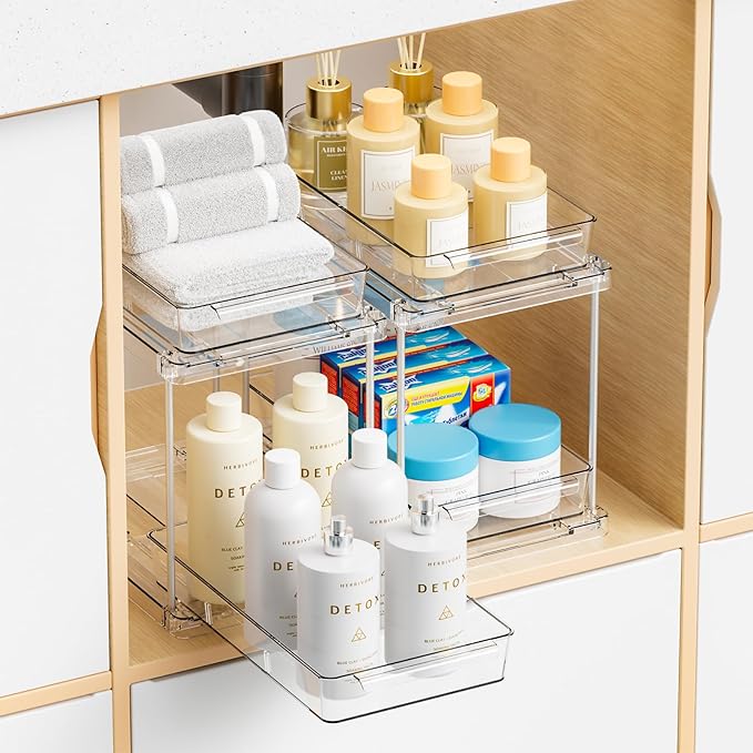 2 Pack 2 Tier Pull Out Drawers for Medicine Cabinet Organizer