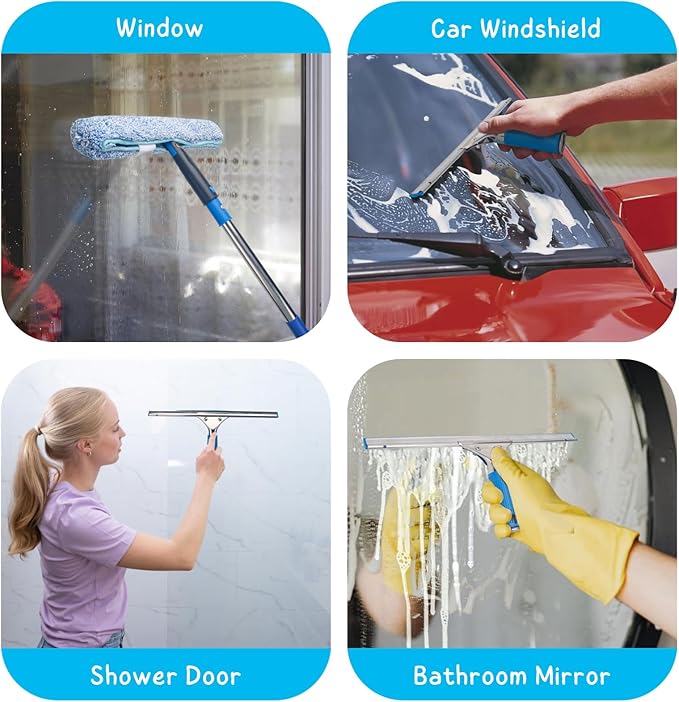 Window Squeegee with Scrubber for Home and Outdoor Glasses Cleaning