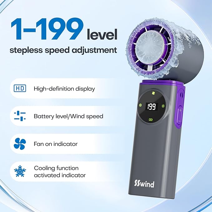 6000mAh Portable Handheld Fan with Ice Cooling, 199 Levels Stepless Speed, 20H Long Battery Life, 20000RPM Turbo Fan Rechargeable Personal Mini Fan for Travel, Outdoor, Makeup (Grey)