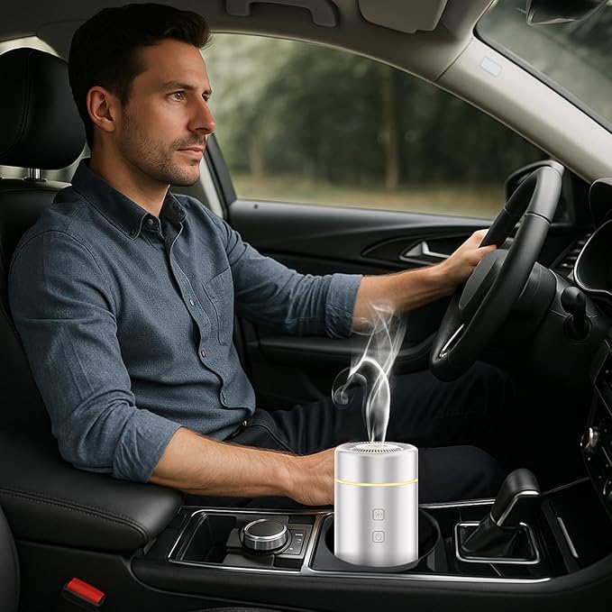SEEDSEEL 100ML Car Essential Oil Diffuser, Rechargeable Battery Powered, Cordless Portable Aromatherapy Humidifier with 7 LED Color Lights 2 Timer Modes for Car Room Home Office (Silver)