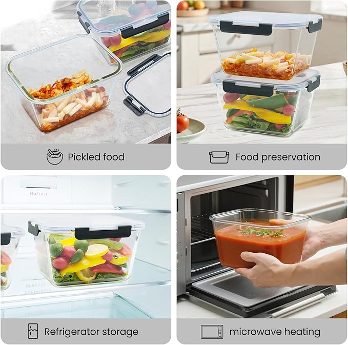 2 Pack Large Glass Storage Containers with Lids 85oz/10.5cup Big Airtight Glass Food Storage Containers for Rotisserie Chicken Watermelon Meal Prep
