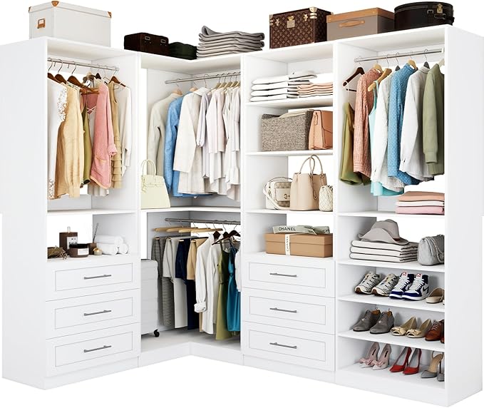 Vomavex Closet System with 4 sets, 101.9" Closet Organizer Systems with 6 Drawers & 8 Hanging Rods & Adjustable Shelves