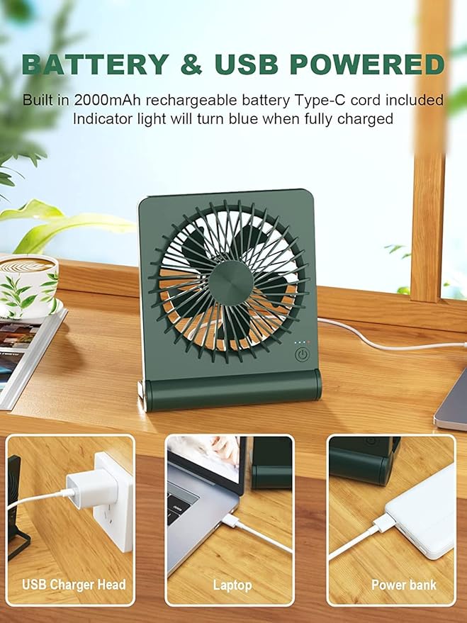 Small Desk Fan,Rechargeable USB Fan Battery Operated,Ultra Quiet, Strong Wind, 3 Speeds Travel Fans