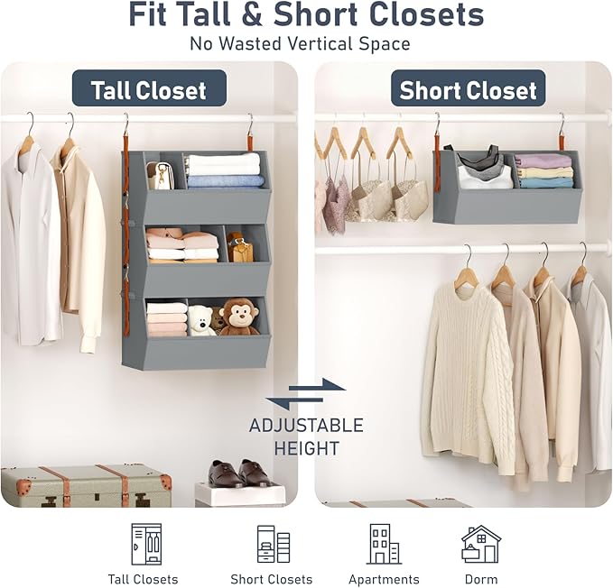 Hanging Closet Organizer Extra Large, Clothes Hanging Shelves for Closet with Divider, Collapsible Closet Storage System, Fabric Storage Bins for Home