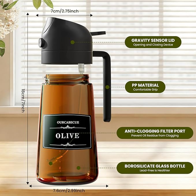OURCABECUE 2 in 1 Olive Oil Sprayer for Cooking, 16oz/470ml Glass Olive Oil Dispenser Bottle for Kitchen, Light-Blocking Dark Brown Oil Mister with 8 Oil Stickers (Black 2PC)