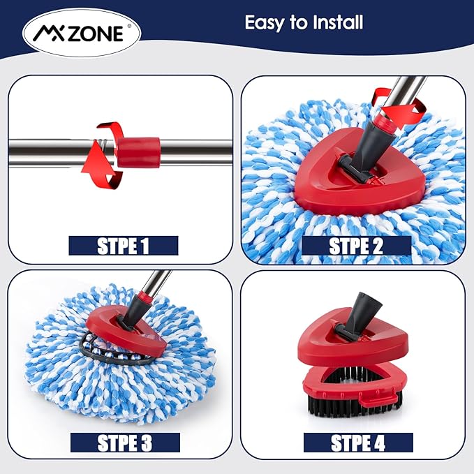Spin Mop Head Replacement Base Handle Compatible with O Cedar Rinse Clean 2-Tank System, 4 Replace Heads, 1 Mop Handle, 1 Base and 1 Scrub Brush Combo Set