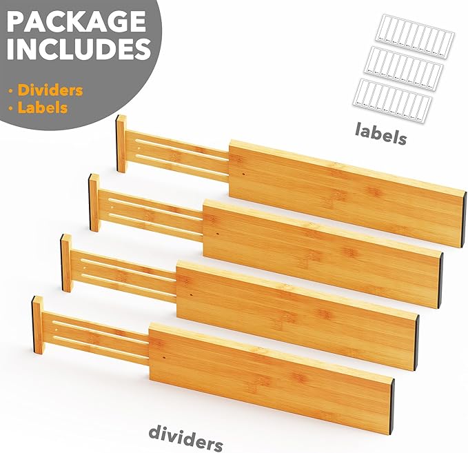 SpaceAid Bamboo 4 Pack Dresser Drawer Dividers, 4.65“ High Adjustable 17“-22” Drawer Organizers, Expandable Organization for Clothing, Clothes