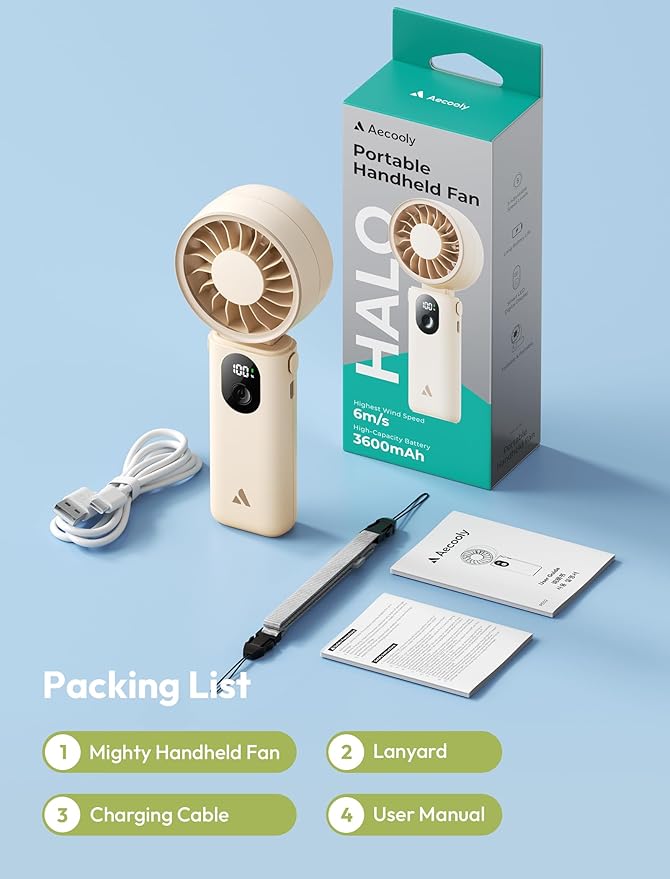 Aecooly Mighty Portable Handheld Fan | 20H Max Cooling Time | 3 Flexible Modes | 5 Speeds Wind | Battery Level Display | USB Rechargeable Mini Personal Battery Powered, Gifts for Women, Travel -Beige
