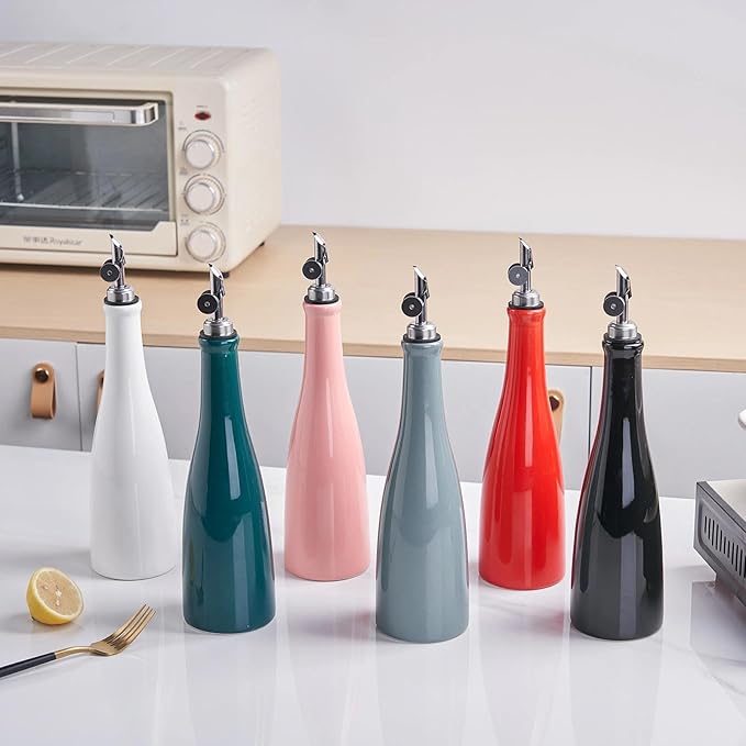 YOLIFE Olive Oil Dispenser Bottle, 20oz Ceramic Oil Dispenser for Kitchen, Oil Bottle with Gravity Spout, Leak Proof EVOO Dispensing Bottle with 2 Spouts and 1 Funnel for Vinegar, Juice(Green)