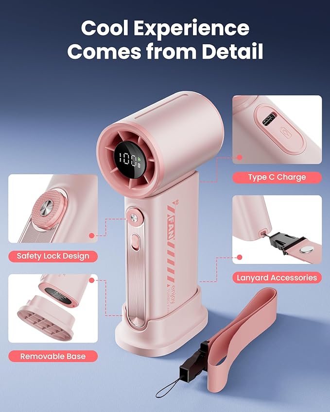 Koonie 19000 RPM High Speed Portable Handheld,100 Speeds Mini Turbo, 3600mAh, 12H Max Cooling Time, Digital Display, 5" Height, Rechargeable Hand for Outdoor Indoor Pink