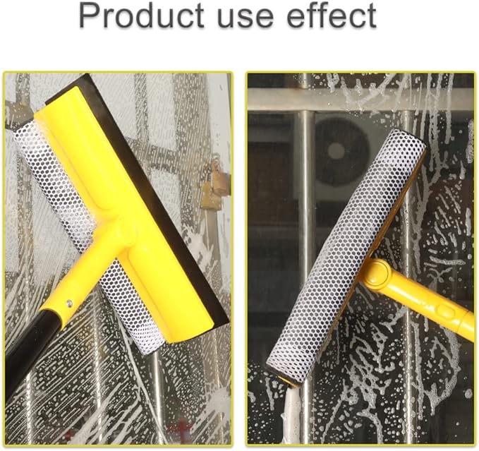 Long Handle Window Squeegee,2-in-1 Glass Squeegee Have 63" Adjustable Soft Rubber Blade & 10" Absorbent Sponge Head for Car Windshield, Gas Station