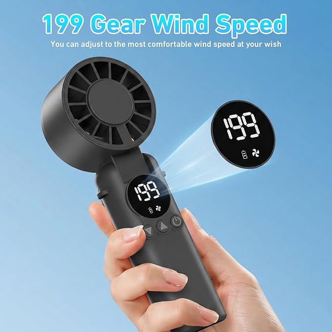 AILBTON Portable Handheld Fan, 5000mAh Rechargeable Mini Personal USB Fan with LED Display & Foldable Design, 199-Speed Powerful Battery Operated Travel Fan for Women, Outdoor, Office Black