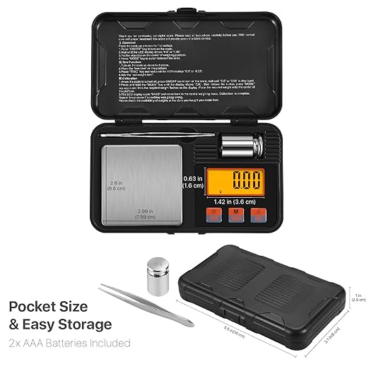 Flexzion Pocket Scales Digital Weight Grams 50g / 0.01g – Mini Portable Food Scale with LCD Display, 6 Units, Tare, Tweezers & 50g Calibration Weight – Stainless Steel Portable Scale