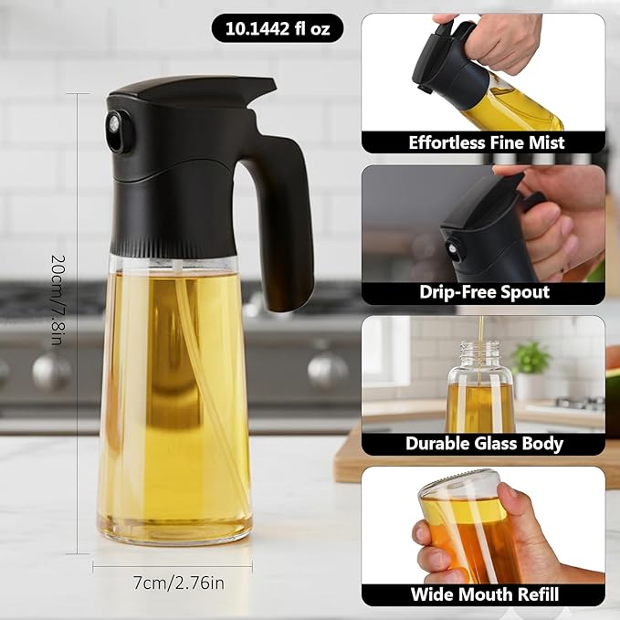 NYXVAULT,A 300ml glass olive oil spray bottle, with precise dosage control, works as a practical kitchen,air fryer tool for salads, frying, grilling (Black)