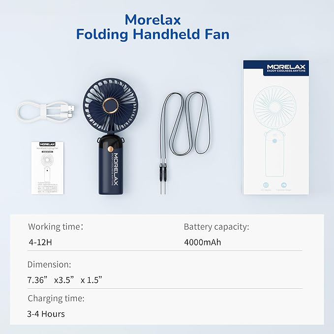 Portable Handheld Mini Fan, USB Rechargeable Fodable Personal Fans, 5 IN 1Cooling Table Fan, 4000mAh, 90 Adjustable, 6 Speed Strong Wind, Travel Fans Pocket Design for Outdoor/Activities/Office(Blue)