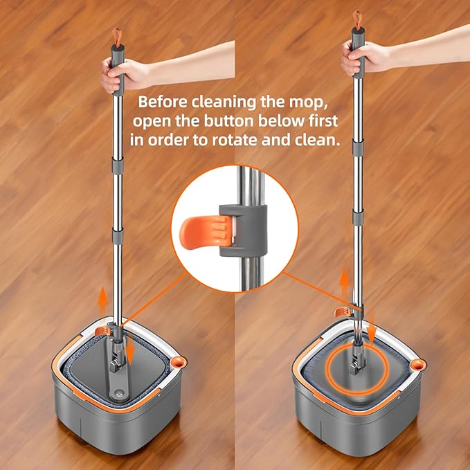 Spin Mop and Bucket Set with Self Separation Dirty and Clean Water System with 6pads, Square Mop Bucket Self Wringing 360° Rotating Clean Floor Mop-Head for Hardwood Tile Marble Floors-6Pads