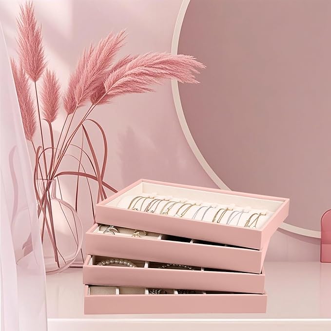 Stackable Jewelry Organizer Trays 4 Set, Pink