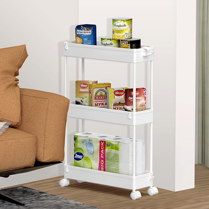 SPACELEAD Slim Storage Cart 3 Tier,Bathroom Organizer Rolling Utility, Mobile Shelving Unit Slide Out for Office, Kitchen, Laundry Room & Narrow Places,White