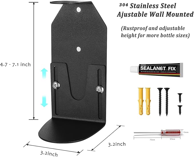 Wall Mount Soap Dispenser Holder with Adjustable Tray, 304 Stainless Steel Rustproof Shower Dispenser Holder for Refillable Bottles (Single)