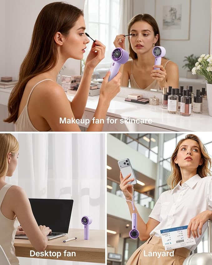 SWEETFULL Mini Fan Portable - Cute Handheld Turbo Fan with Rechargeable Battery, 5 Speeds, Small Hand Personal Travel Essentials for Women, Girls, Kids, Lash, Makeup - Purple