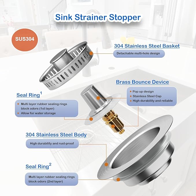 3 in 1 Kitchen Sink Drain Strainer Catcher, 304 Stainless Steel Pop Up Sink Stopper with Strainer Basket, Anti-Clog Kitchen Strainer Filter for US Standard 3-1/2 Inch Drain