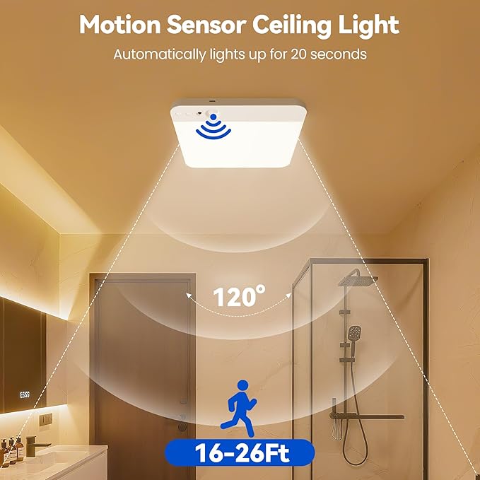 KINDEEP Motion Sensor Ceiling Light: Battery Operated Ceiling Light Wireless Indoor for Shower, Closets, Stairs, Hallway, Pantry, 3 Color Temperatures Dimmable, White Shade 2 Pack