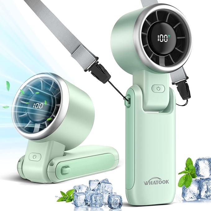 WHATOOK Portable Handheld Turbo Fan: 12m/s Strong Wind 15000RPM Mini Fan, 4000mAh Battery Rechargeable Personal Fan with LED Display, 3 in 1 Foldable Small Fan for Camping Beach Travel, Mint Green